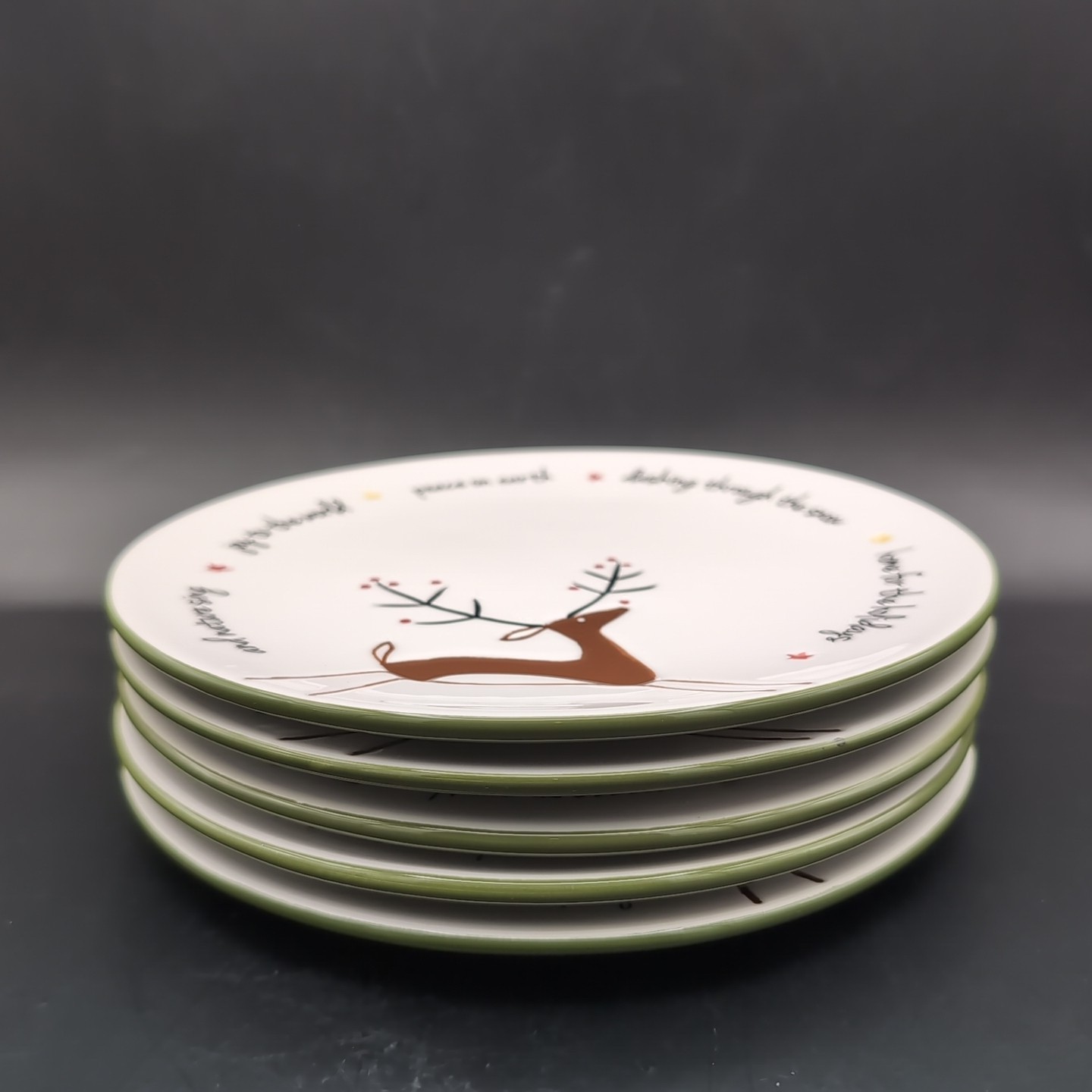 Set of 5 Holiday Home Christmas Salad Plates 8” Reindeer Joy Peace Earth Whimsic