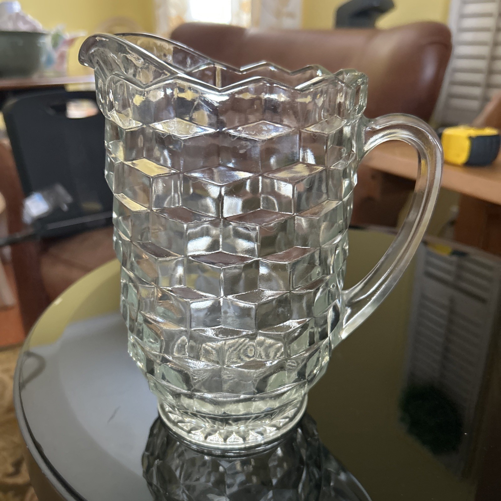 VTG FOSTORIA AMERICAN CLEAR WATER PITCHER WITH ICE LIP 8.75″ TALL EXCELLENT
