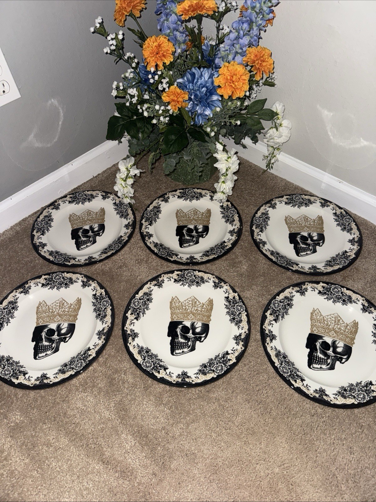 Set/6 Royal Stafford England Halloween Royal Skeleton W/ Crown 11″ Dinner Plates