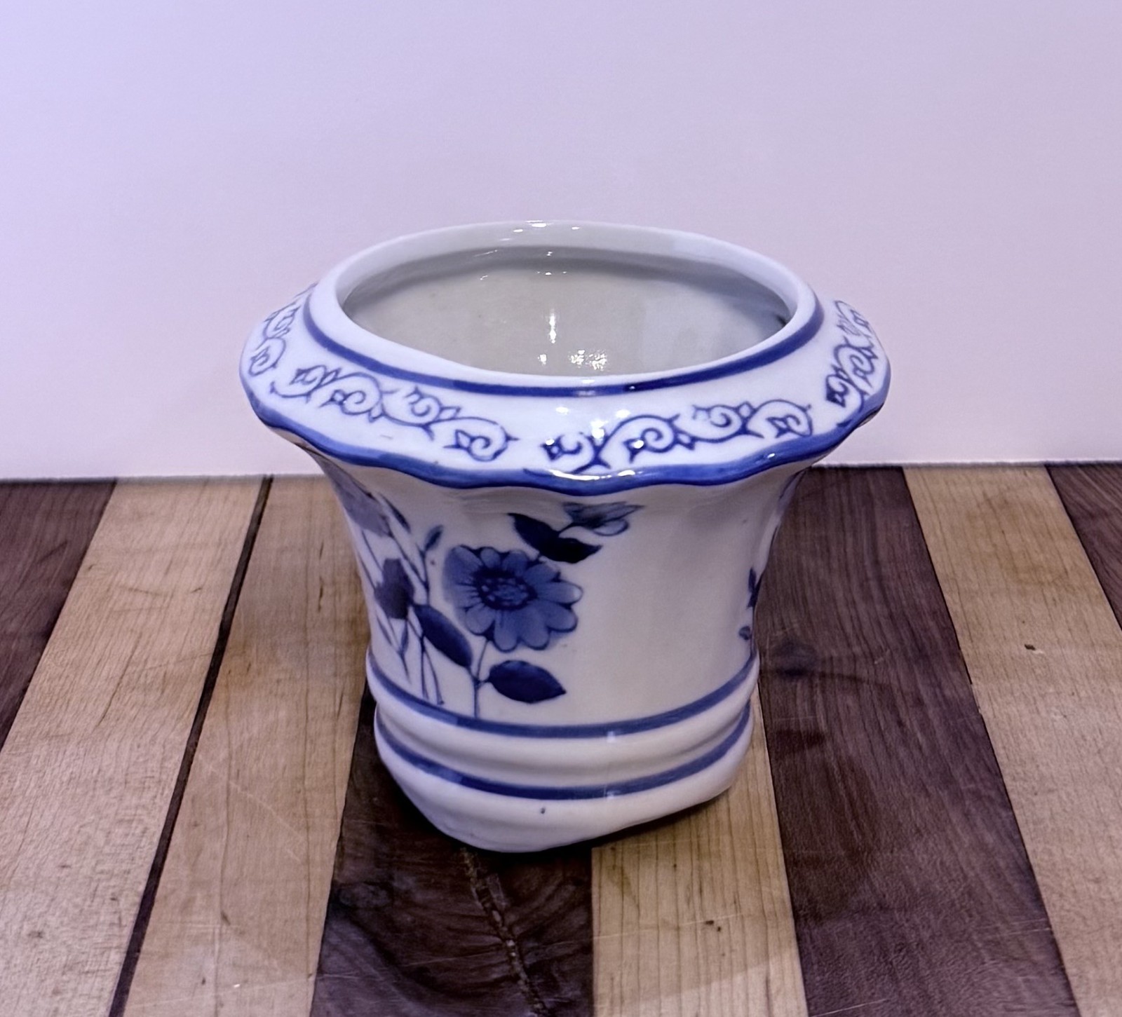 Vintage Japanese Small Planter Colbalt Blue & White 3 inches Tall x 4″ Diameter