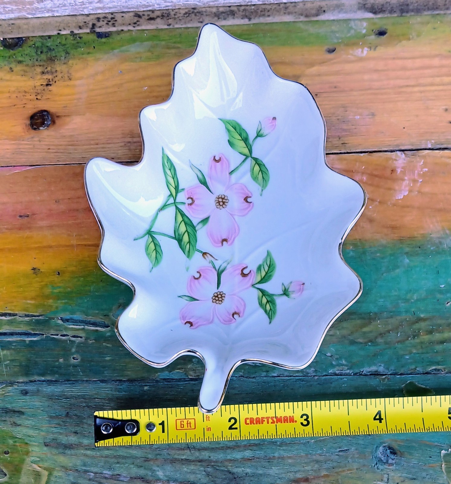 Lefton Hand Painted Leaf-Shaped Floral China Dish White Pink Green 03534 Japan