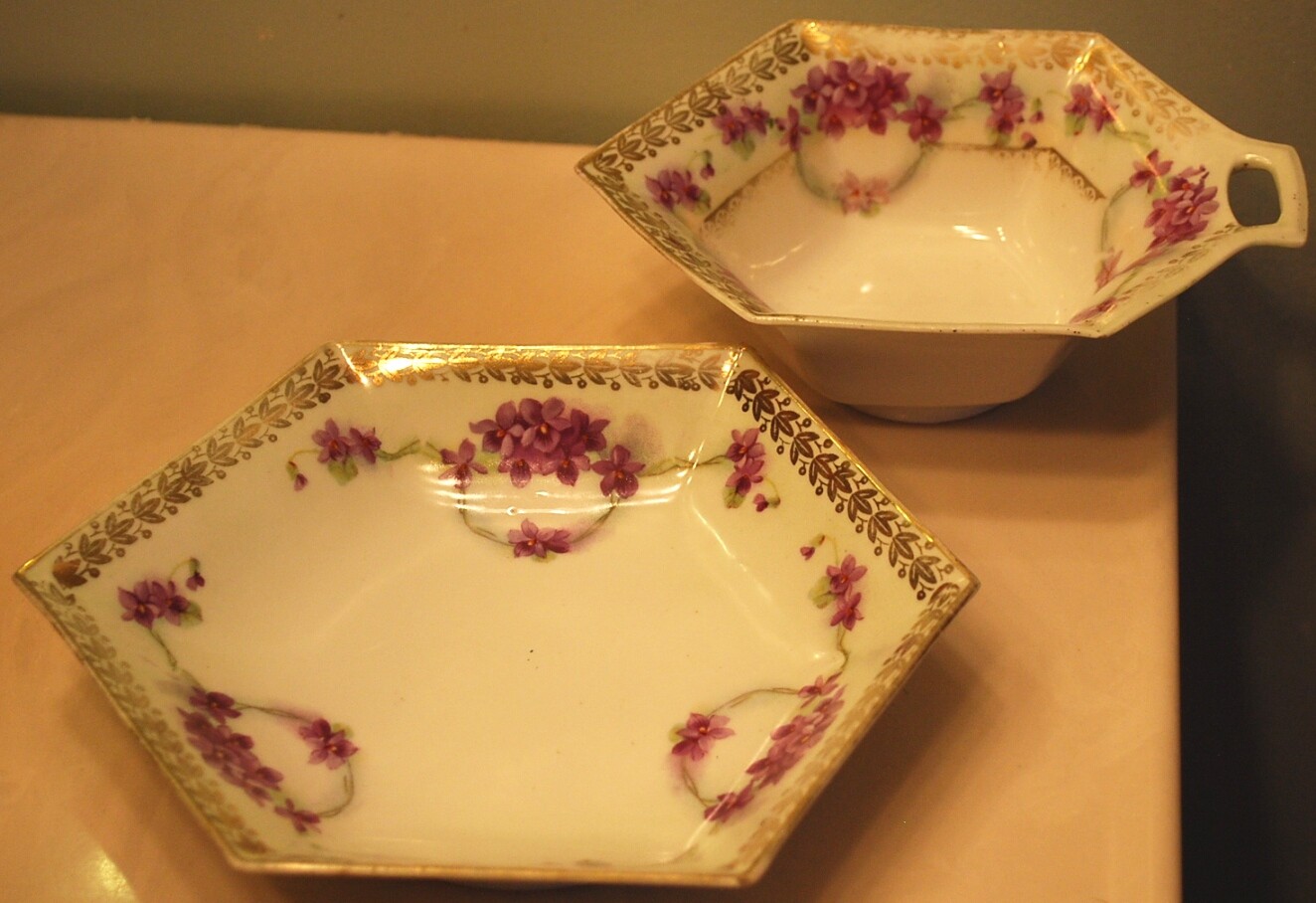 Set 2 HAND PAINTED VIOLETS Antique Prussia Hexagonal Porcelain CANDY Dishes