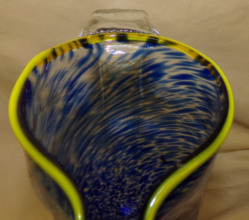 Cobalt Blue Yellow Rim Art Glass Pitcher 13″