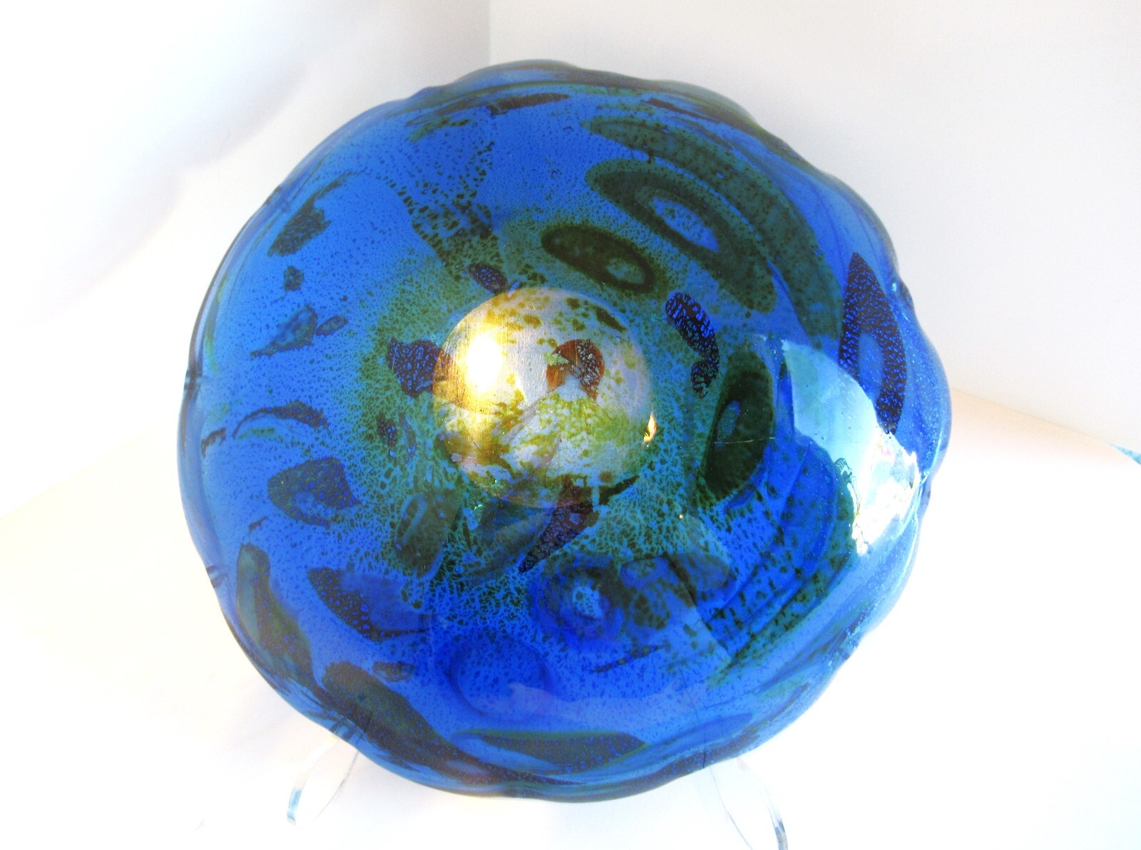 Multicolor Fused Art Glass Bowl Scalloped Edge Abstract Amoeba Design Blue Green