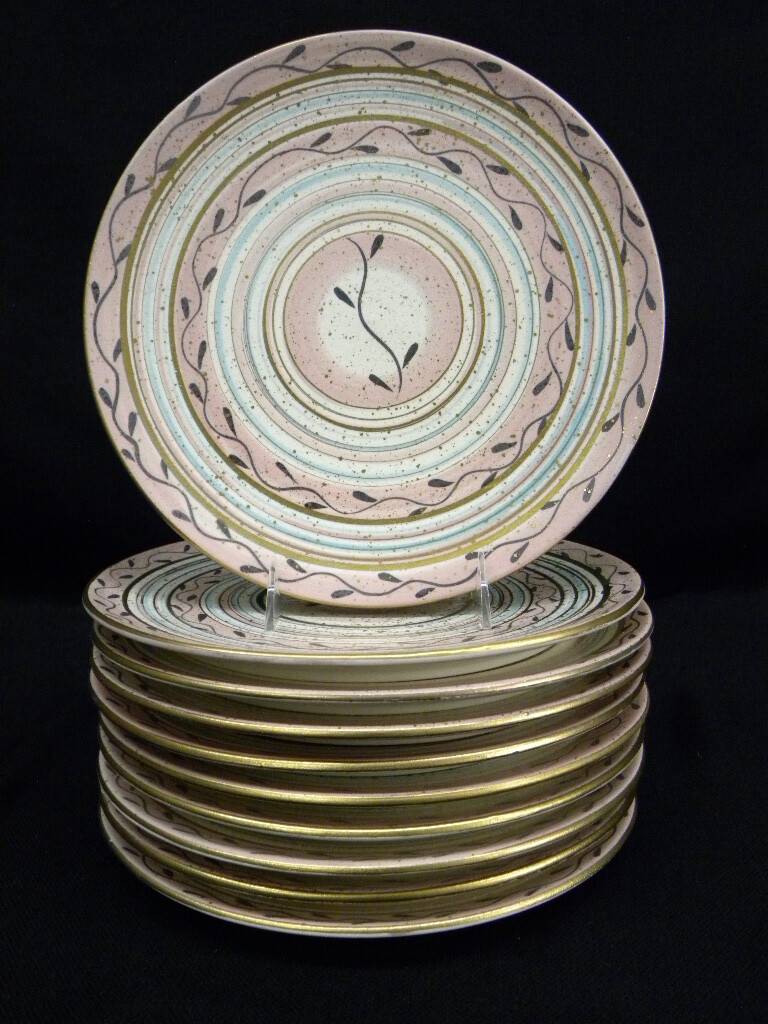 Set of 10 1950’s Circular Pink & Gold Speckles CA Pottery 10 1/2″ Dinner Plates