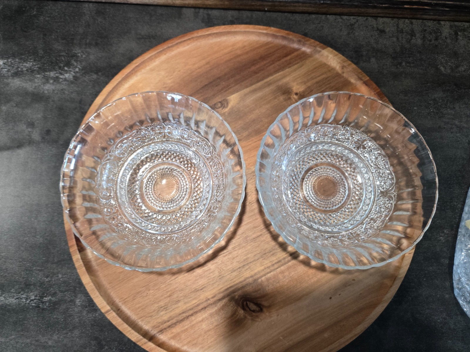 Vintage KIG Malaysia Clear Glass Serving Bowl set Fleur de Lis Pattern 7.75″