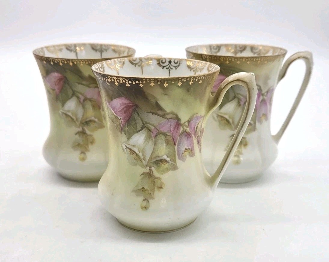 RS PRUSSIA Small Coffee Chocolate Demitasse Cup 3″ Foxglove Set of 3 Antique