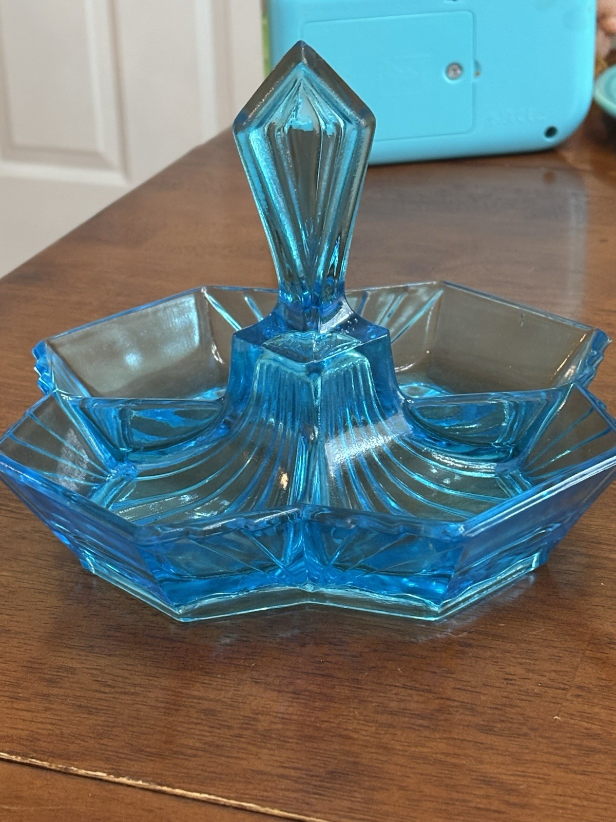 Indiana Glass Blue Pressed Glass Octagon Relish Tray with Center Handle