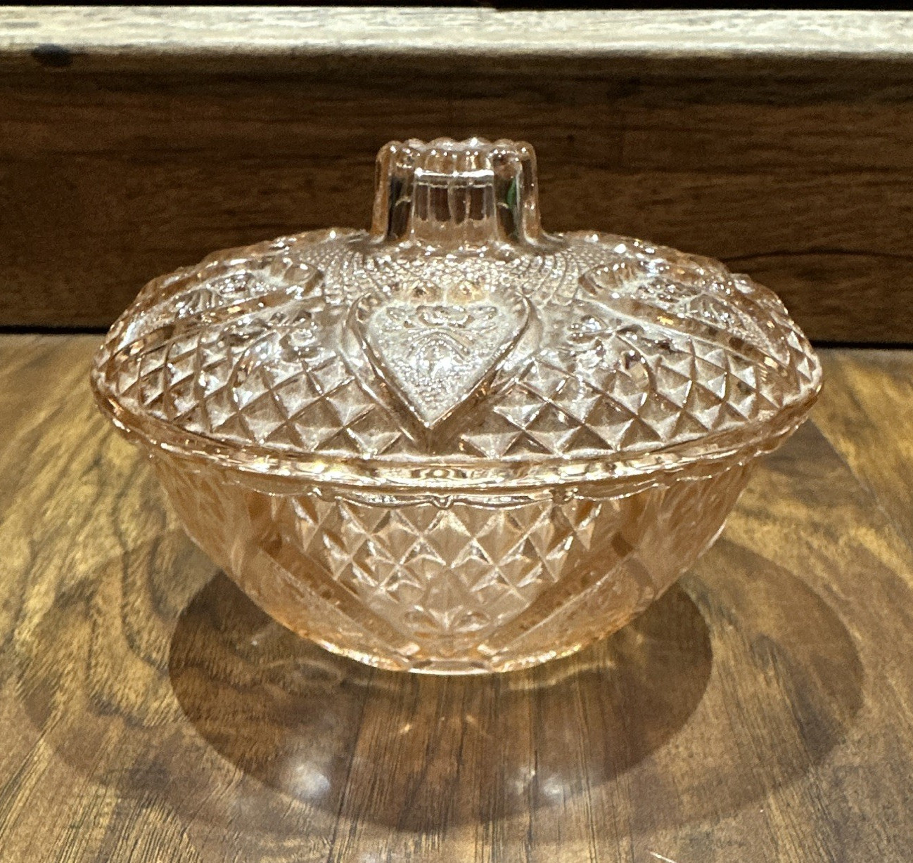 Pink Pressed Glass Round Hearts Pattern Covered Bowl with Lid 6 in
