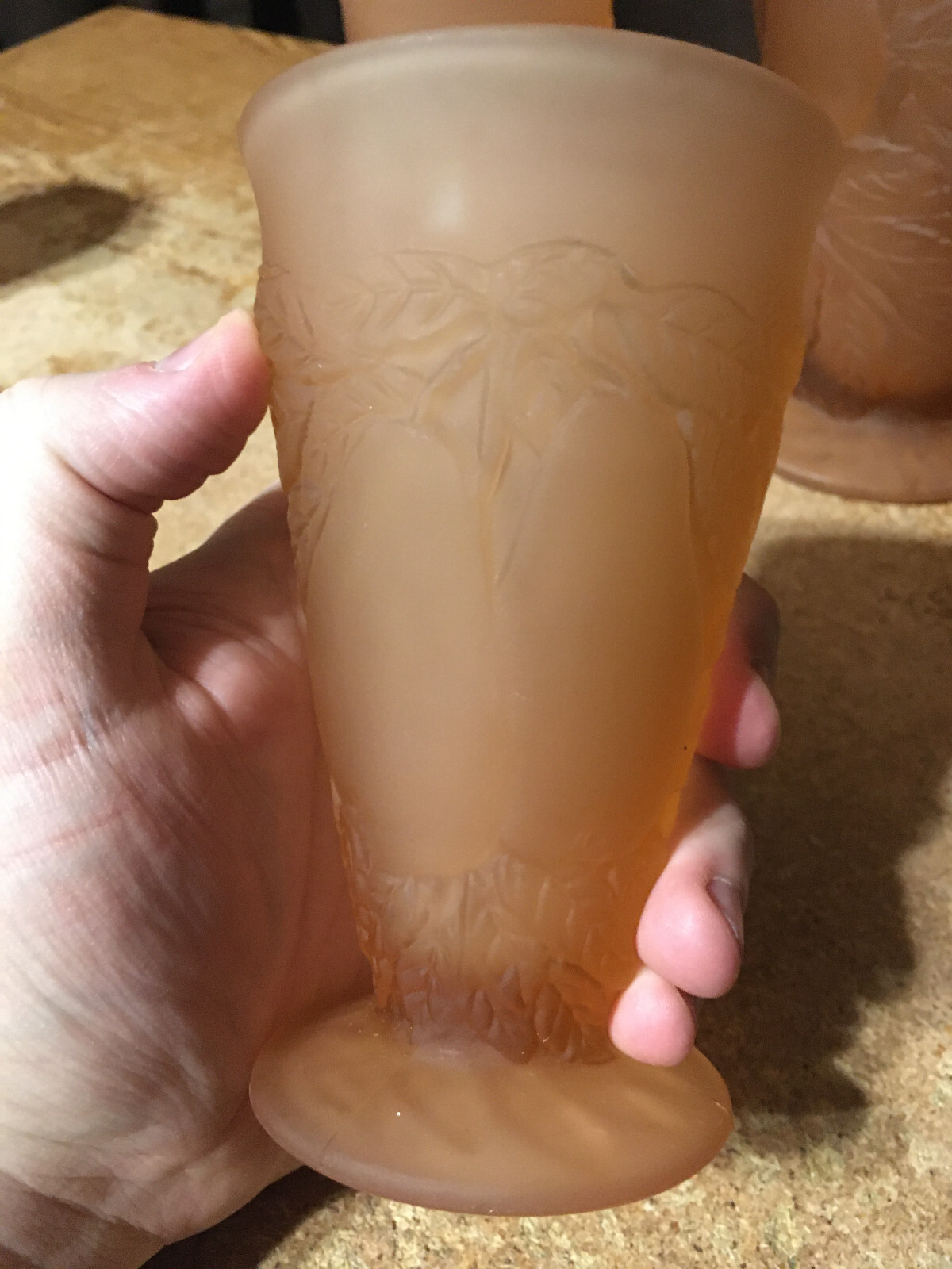 TIARA INDIANA GLASS CORAL SWEET PEAR GLASS PITCHER & 4 TUMBLERS GLASSES