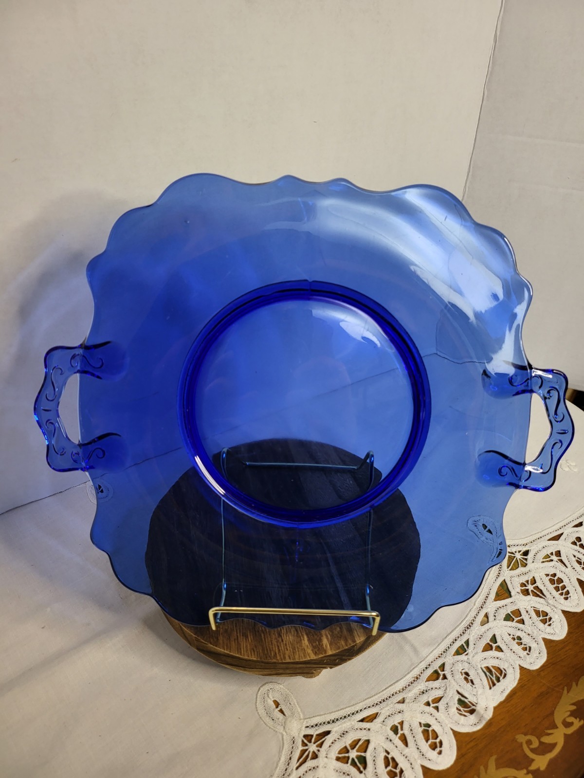 Unmarked Cobalt Blue Glass Solid Round Platter Handles 13 in