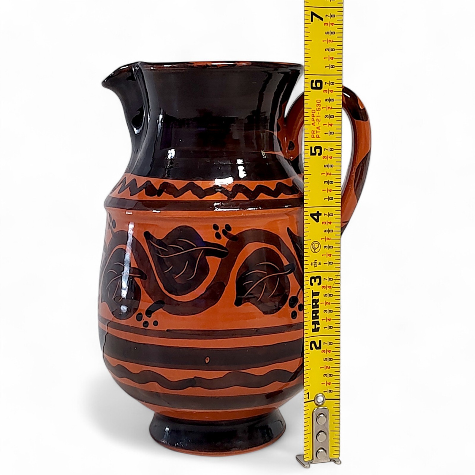 Hand Thrown Terracotta Glazed Pottery Pitcher Orange/Black Hand Painted 6″