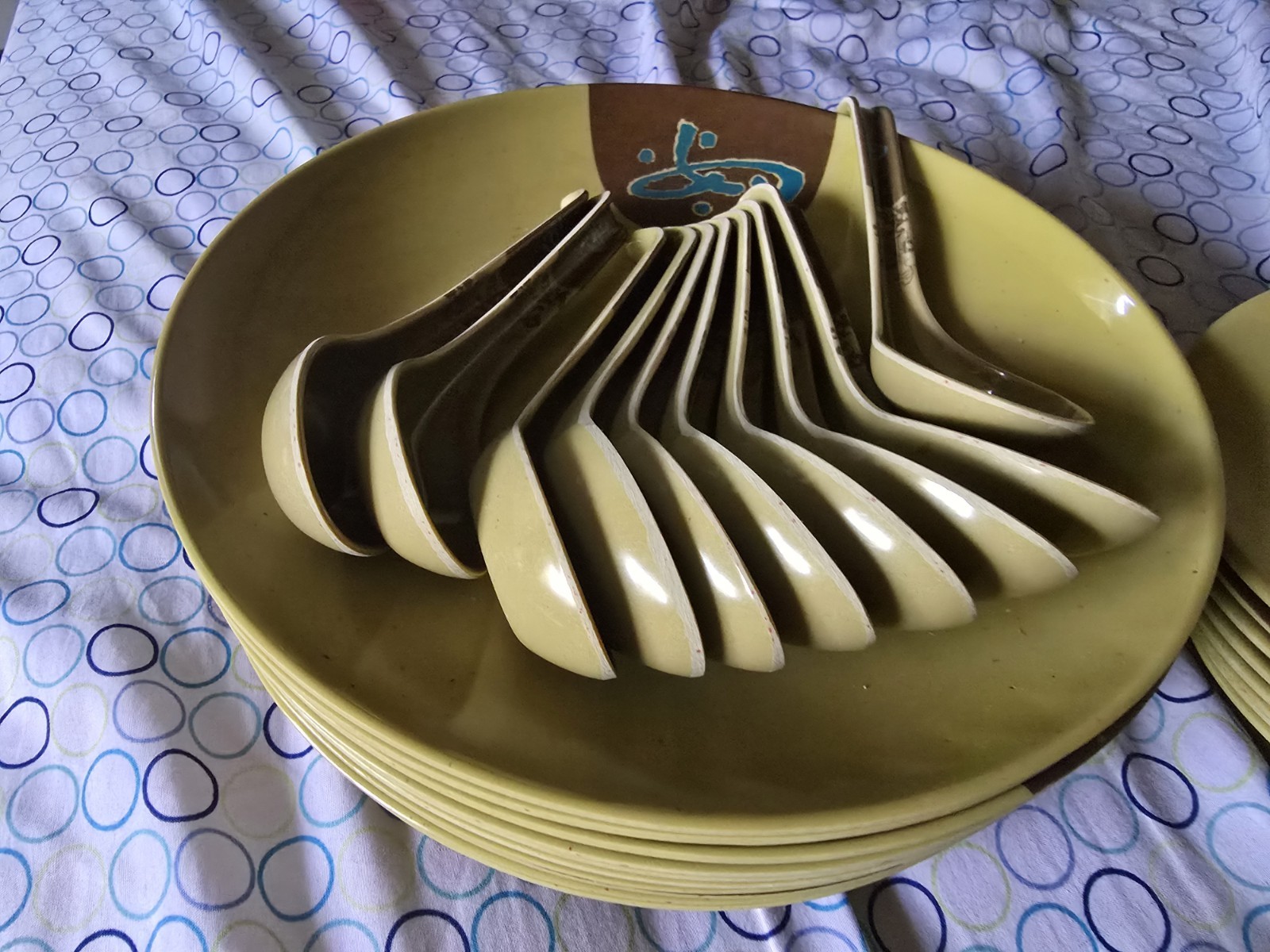 Beige Brown Blue Abstract Glossy Stoneware Dinner Set, Round Plates & Bowls
