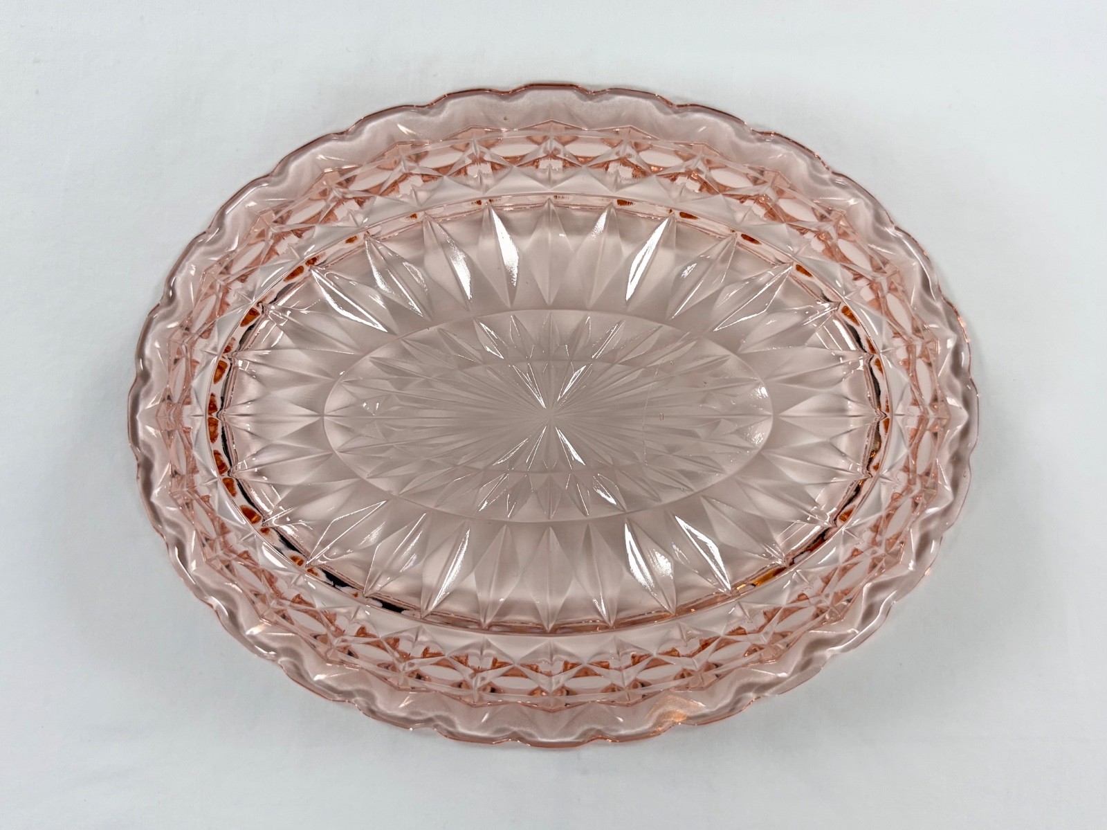 2 Vintage Jeannette Windsor Diamond Pink Depression Glass Oval Serving Bowls Set
