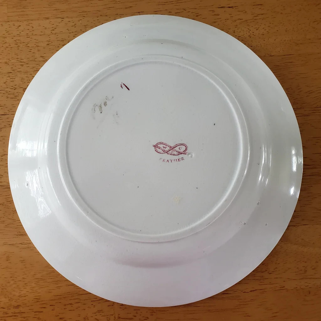 Antique Pink Feather Transferware Polychrome Plates 9” Set of 2 Wood & Challinor
