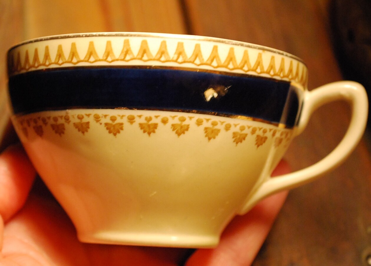 Antique Set 4 SHERBORNE FLAT TEACUPS Wood & Sons Cobalt Band Yellow/Floral Inner