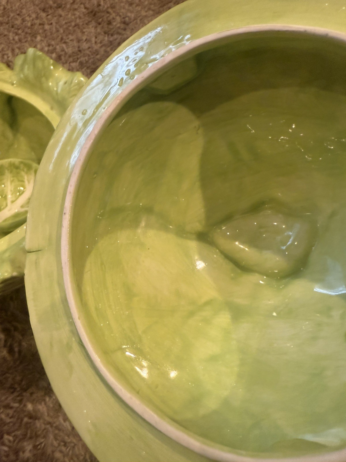Green Ceramic Lettuce Cabbageware Serving Tureen w Lid, Ladle, ff 1988 3 qt bowl