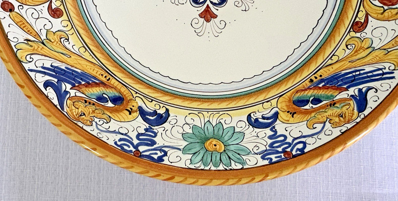 Deruta Italy-Raffaellesco Yellow Dragon-Pedestal Bowl-Artist Signed-EC-Vintage