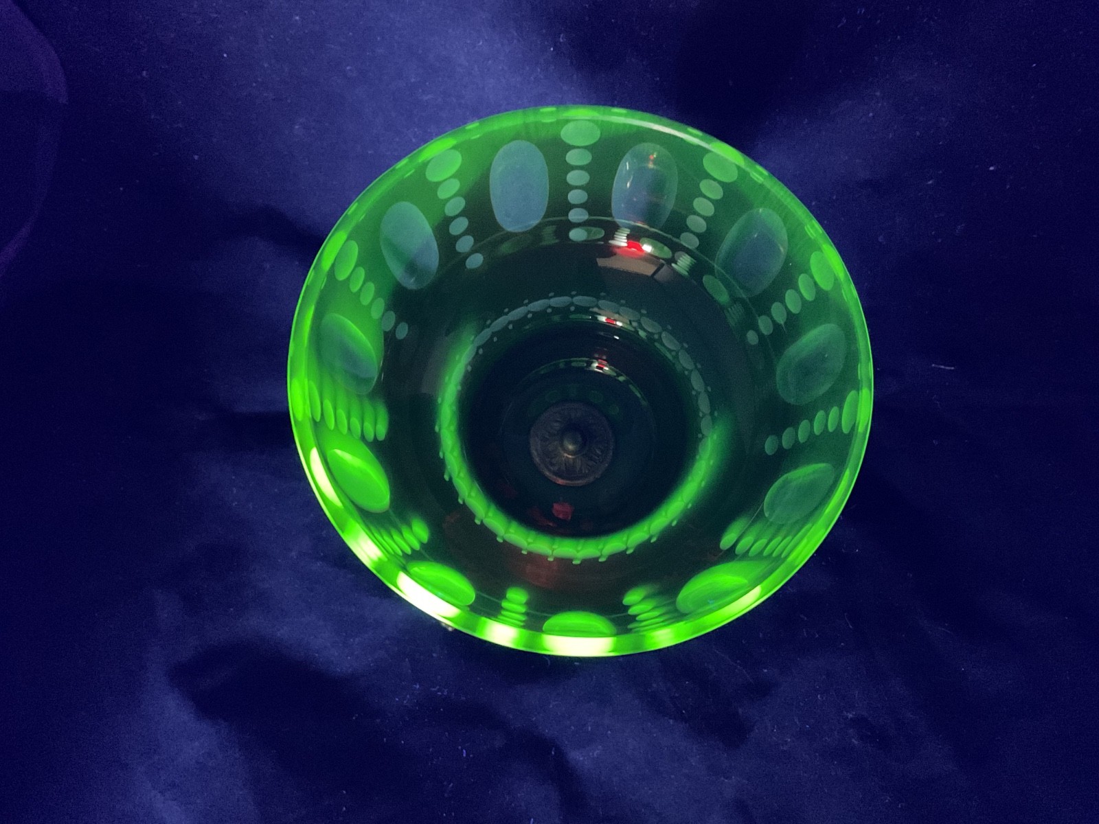uranium vaseline glass Egermann hand cut and engraved bowl on pewter base