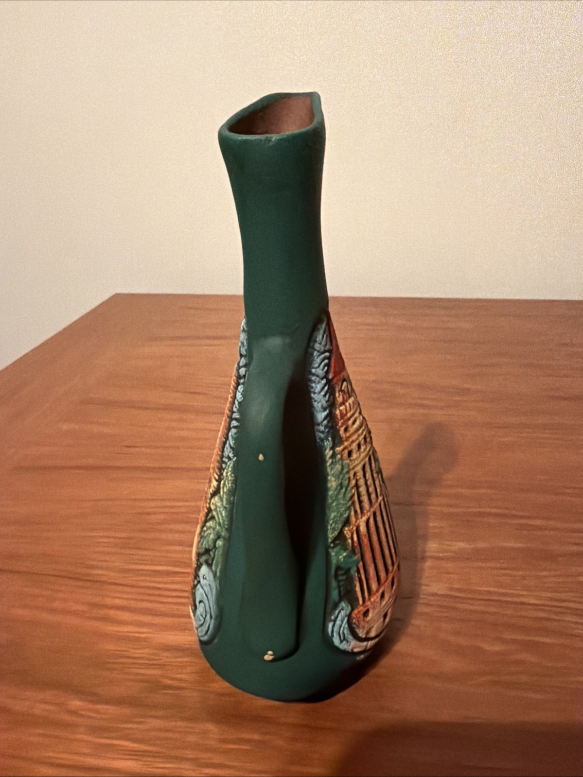 NWOT Georgian Pottery Pitcher Embossed Images Green-multi Home Decor 7”x3”