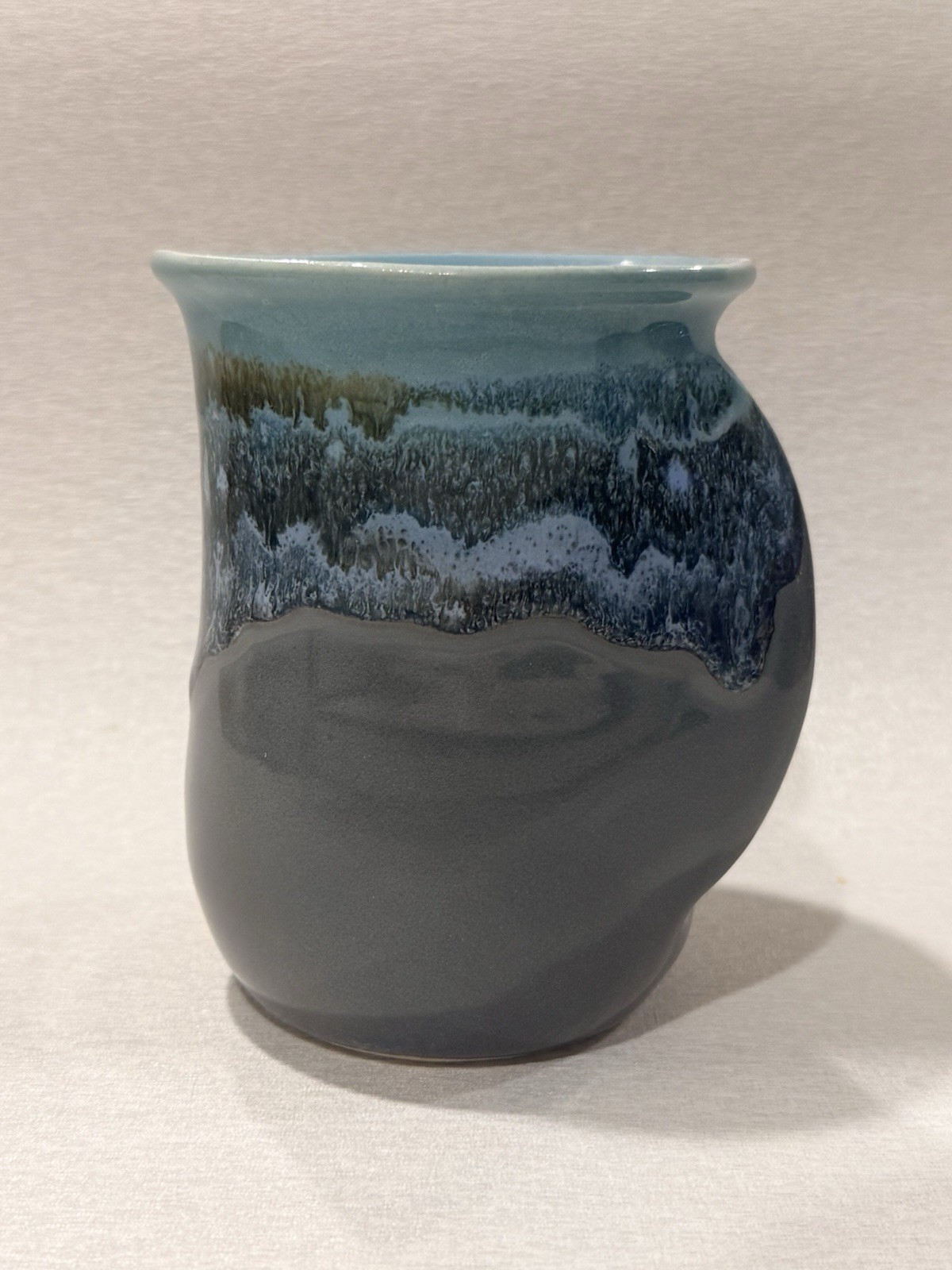 Neher Mug Hand Warmer Drip Glaze Clay in Motion Right-Handed Coffee Signed 2024