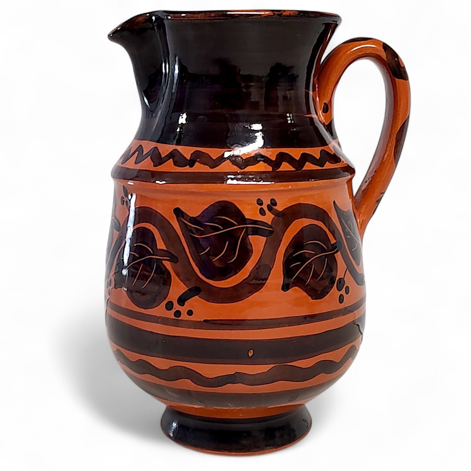 Hand Thrown Terracotta Glazed Pottery Pitcher Orange/Black Hand Painted 6″