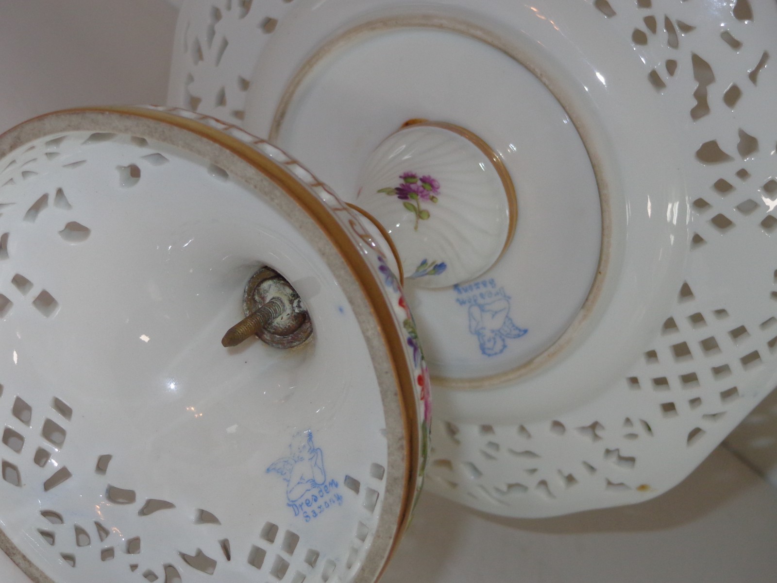 Antique 1905 Ambrosius Lamm Dresen Saxony Reticulated & Floral Compote