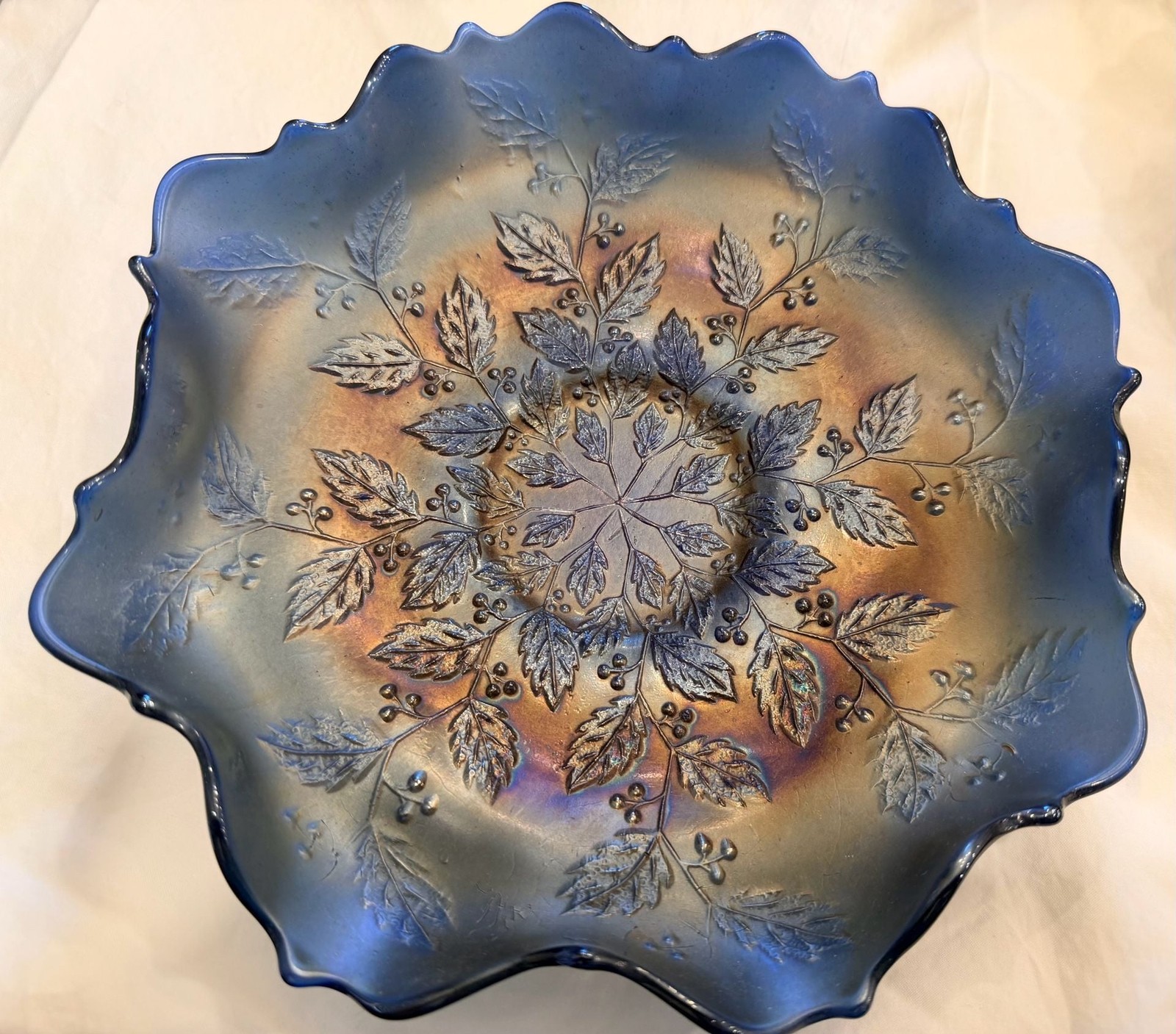 Vintage Fenton Cobalt Blue Carnival Glass Holly and Berry Ruffled Bowl