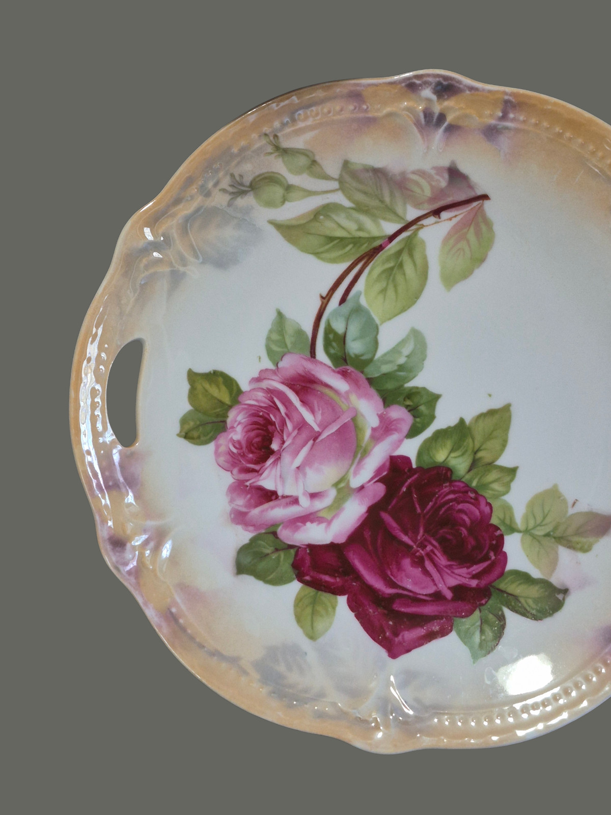 Vintage Romantic Roses Luster Edge Pierced Handles Serving Platter From Germany