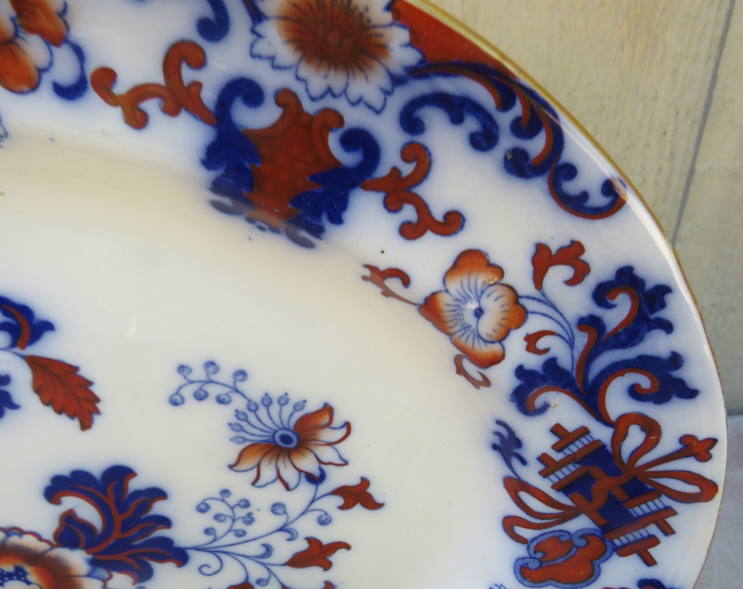 LARGE ANTIQUE ROYAL DOULTON NANKIN POLYCHROME FLOW BLUE SERVING PLATTER