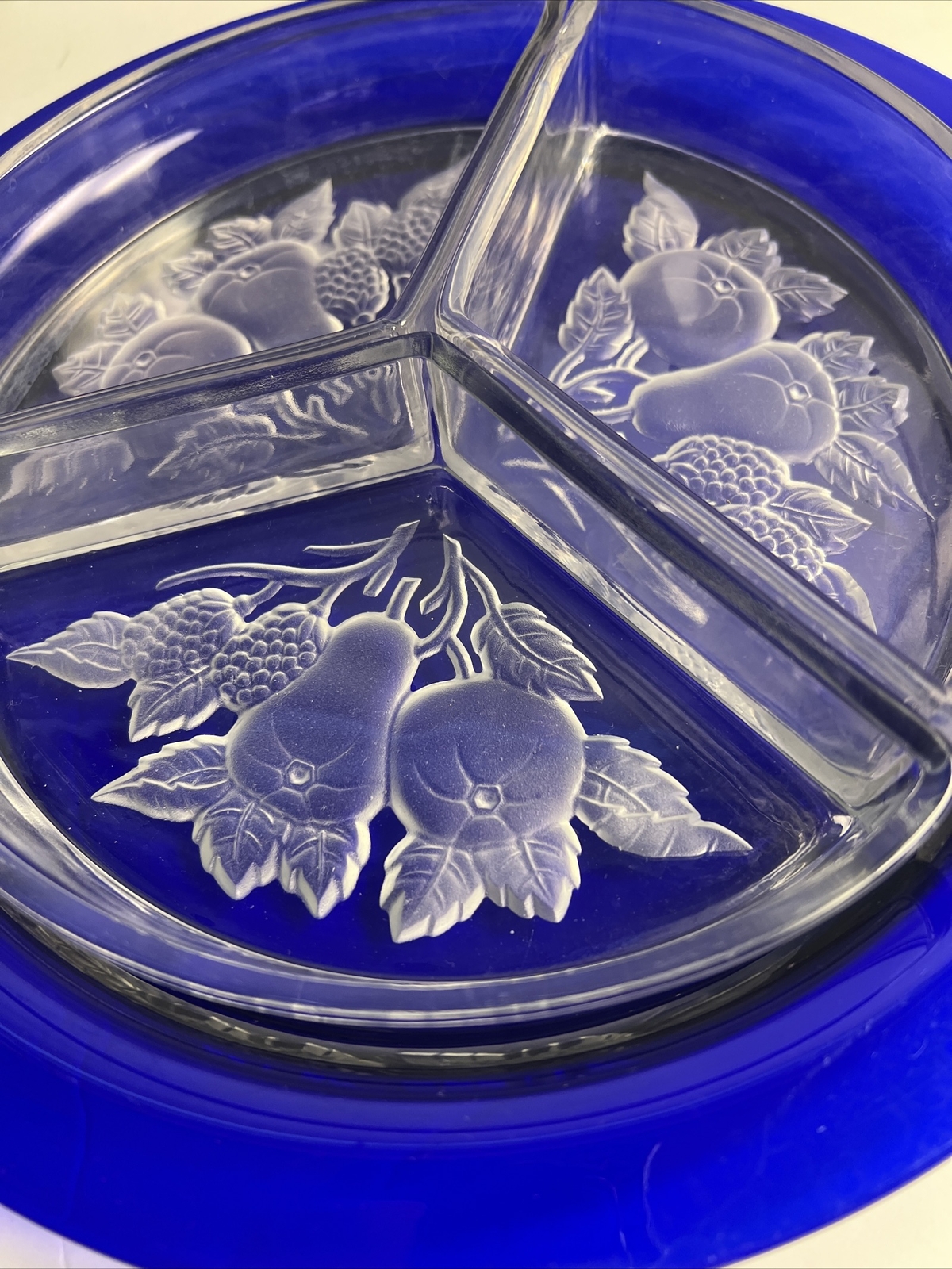 VTG Imperial Glass Intaglio Fruit 3 Part Relish Appetizer Dish Blue Under plate