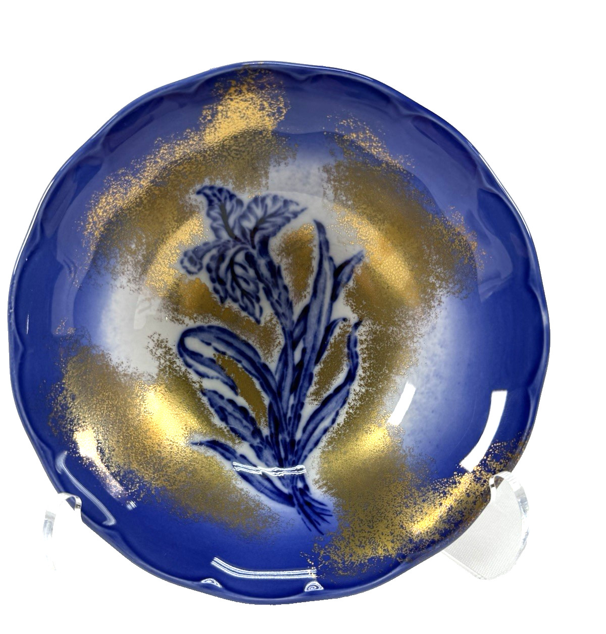Vintage Victoria Ironstone Flow Blue Iris Bowl Staffordshire England Gilt 6.75″