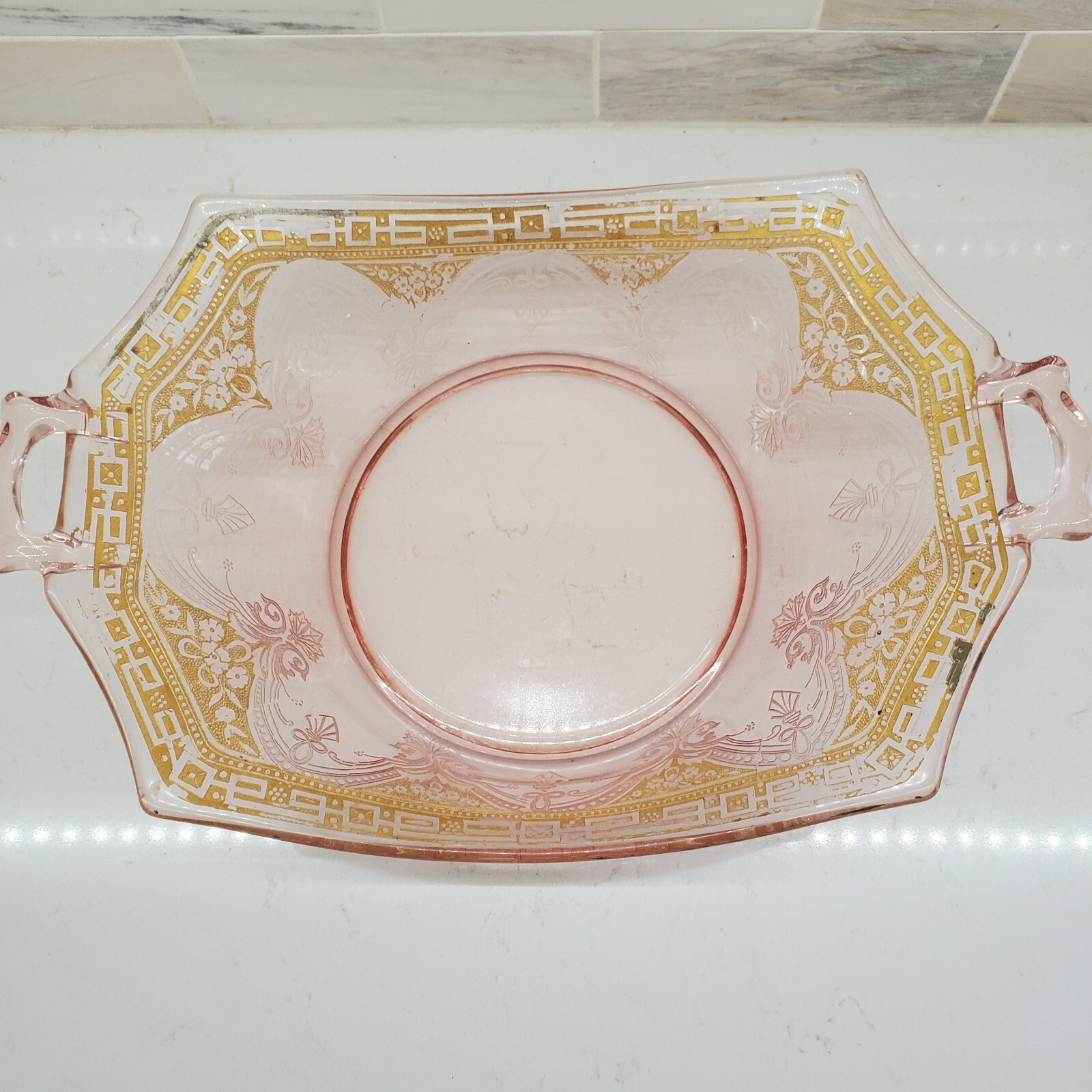 Elegant Pink Depression or Elegant Glass Hexagon Handled Etched Gilded Bowl