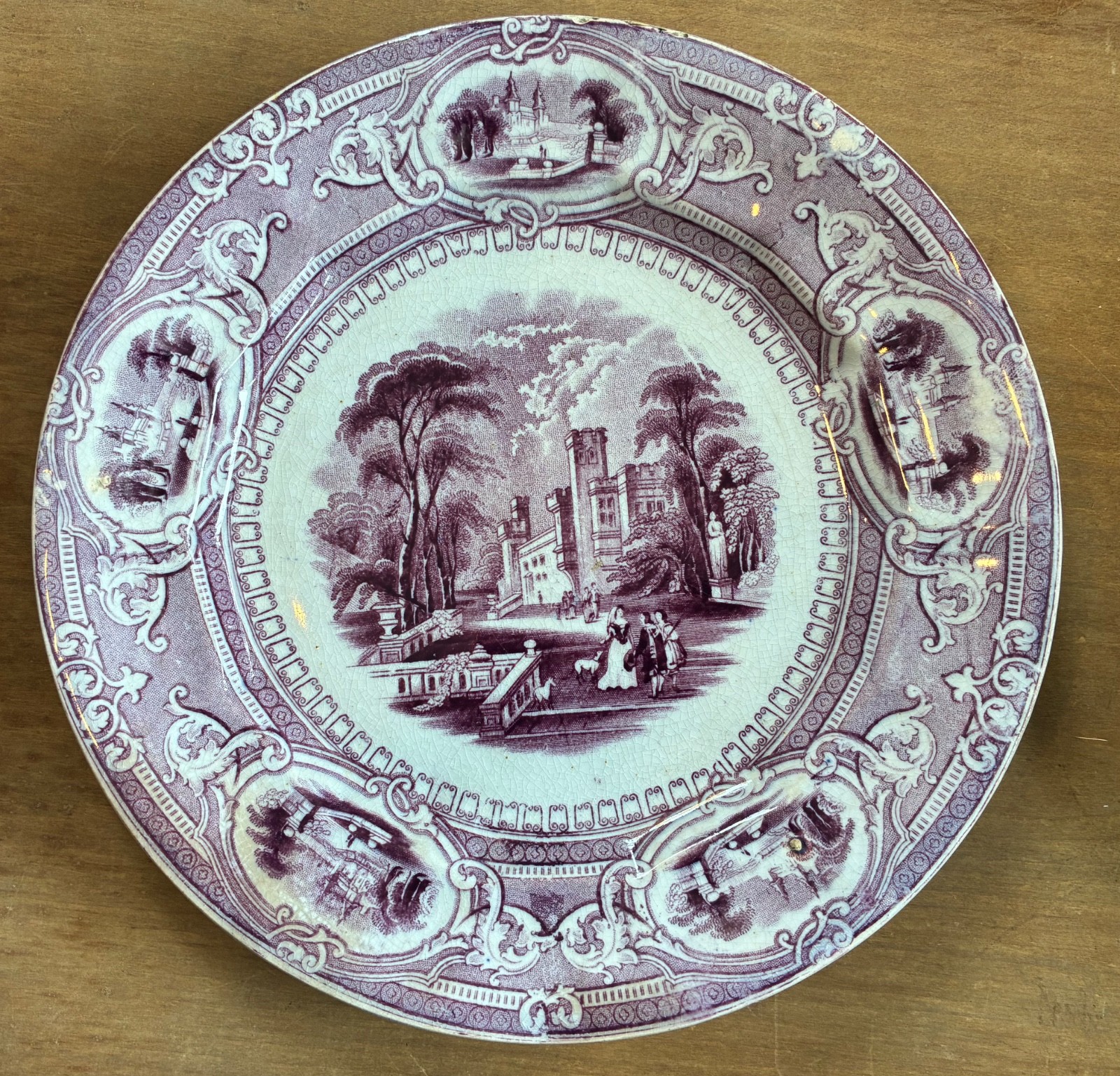 Pr Staffordshire Mulberry Purple Transferware Plates…”Corinthia” Pattern 8.5″
