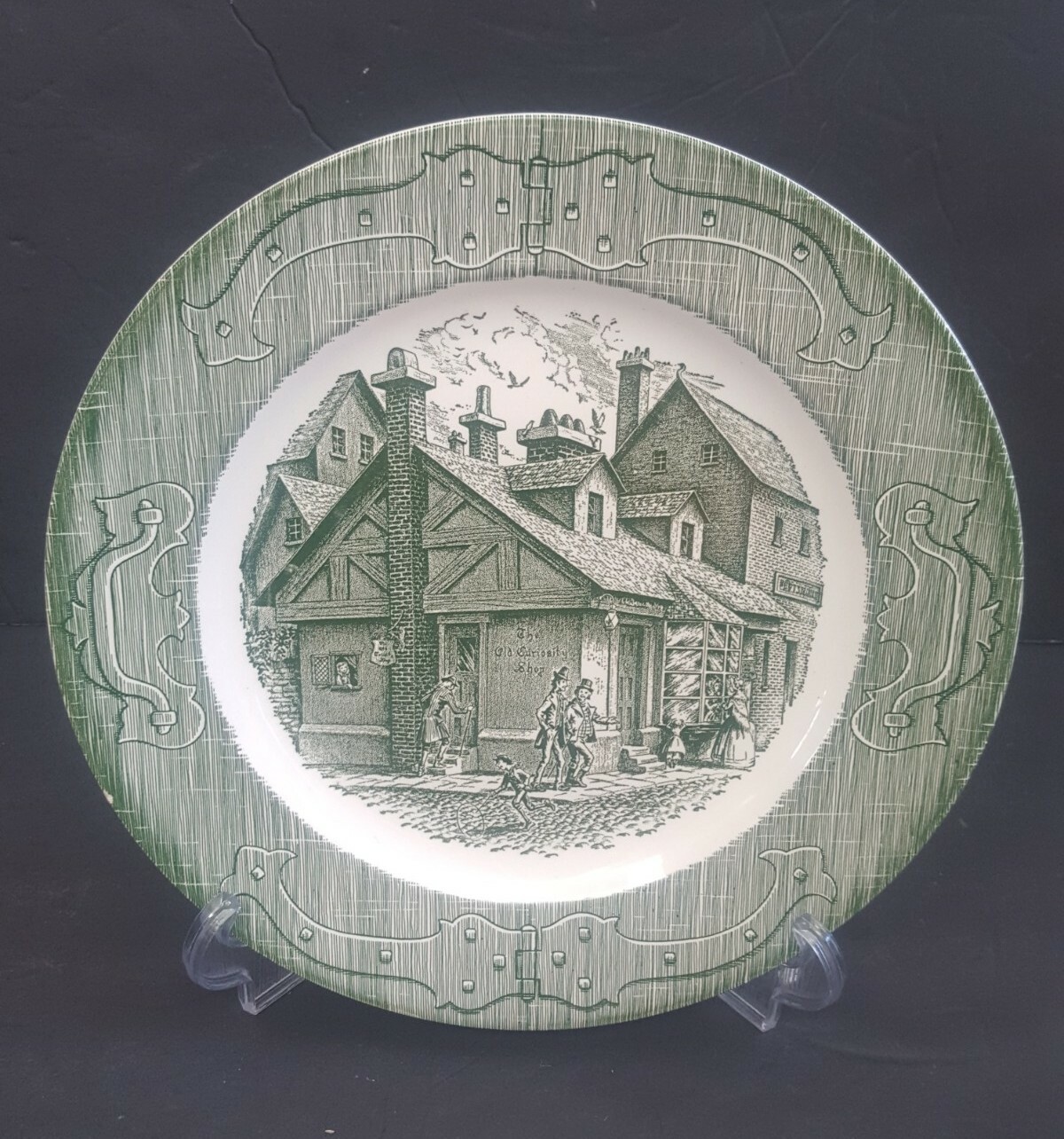 Set Of 9 The Old Curiosity Shop Green Transferware 10” Dinner Plates NOS