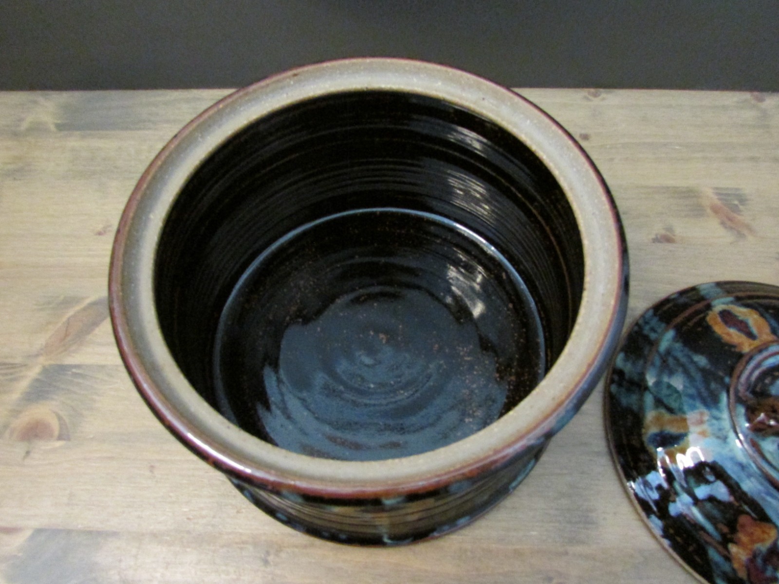 Handmade Studio Pottery Covered Serving Dish Black/Blue/Brown Glaze Stoneware