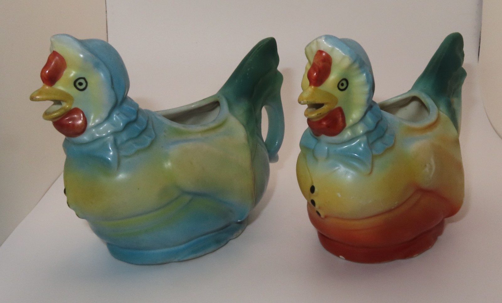 Vintage Czech Pottery “Hen in a Bonnet” Creamer Pair – Art Deco 1920s-30s