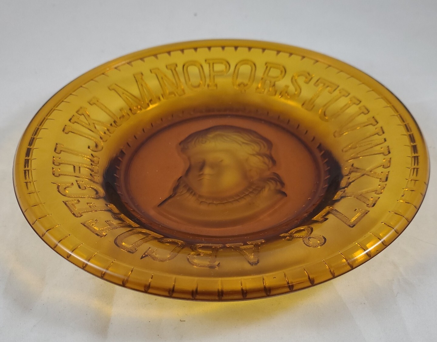 Antique Boy ABC Plate Emmas Homstead Glass Work Of Bryce Higbee & Co. #531 Amber