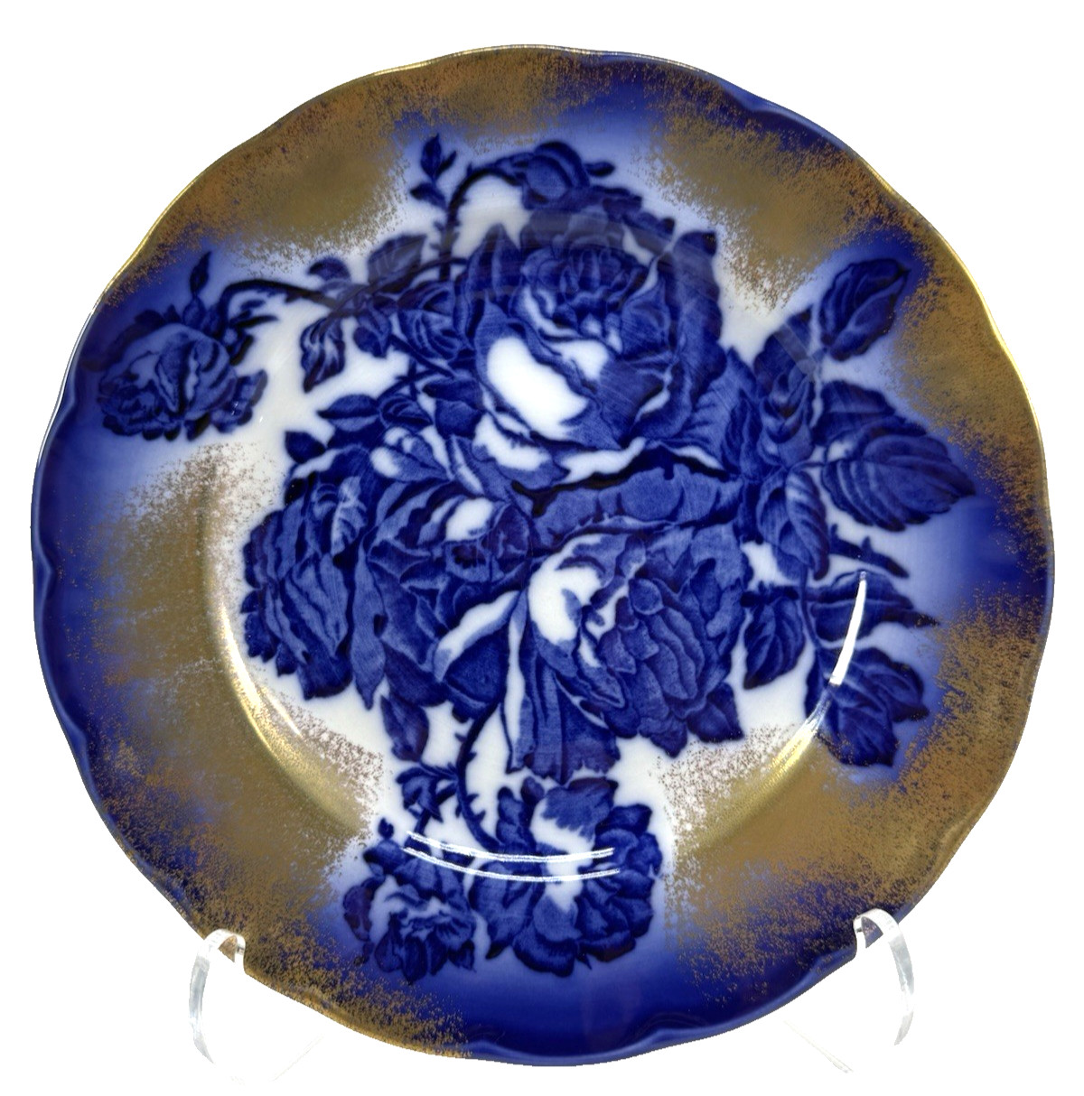 VTG Victoria Ironstone Flow Blue Rose Soup Bowl Staffordshire England 8 7/8″
