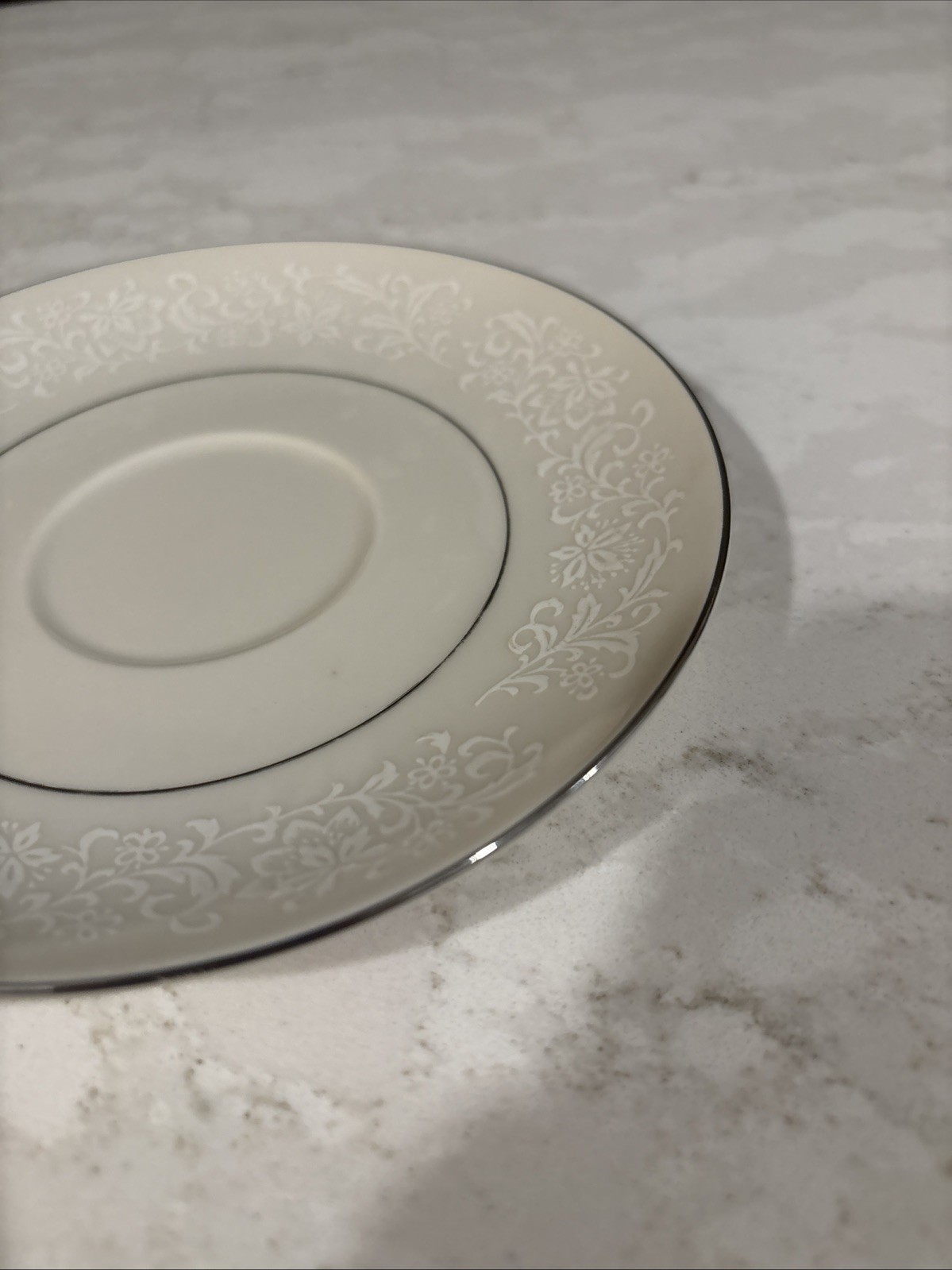 VNTG Ivory Fantasy Japan 8 Saucers Embossed Floral Platinum Trim Japan 60-70’s