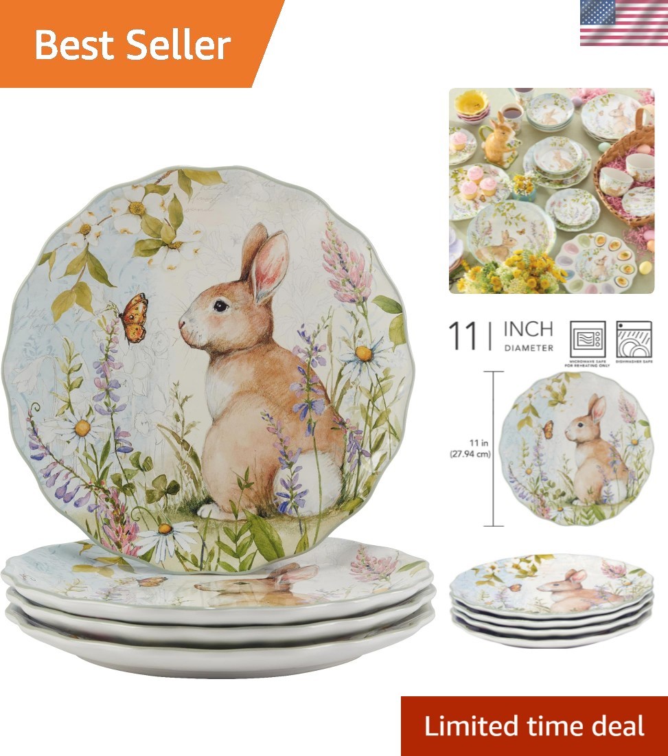 Easter Meadow 11-Inch Dinner Plates,Set of 4 – Whimsical Bunny & Floral Desig…