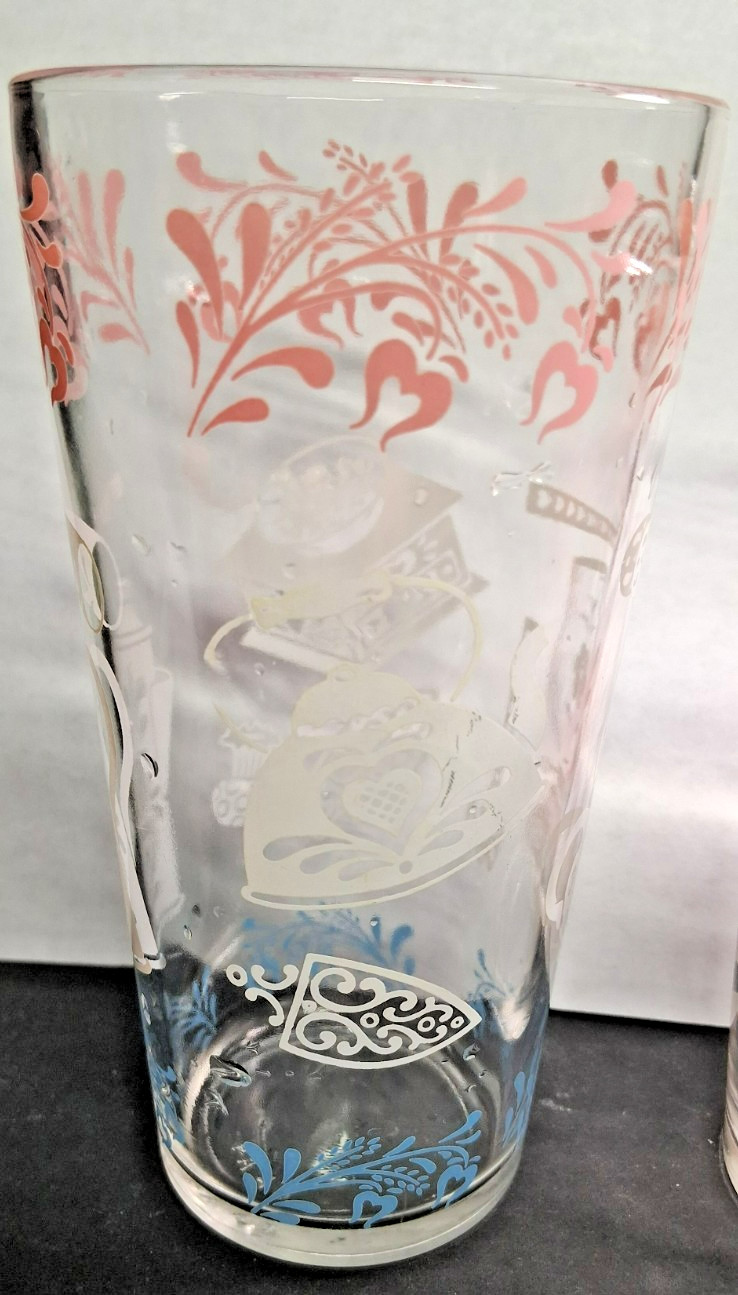 Vintage Hazel-Atlas Drink Glasses ‘Kitchen Aids’ & ‘Pink Poinsettia’ ~ 1950s