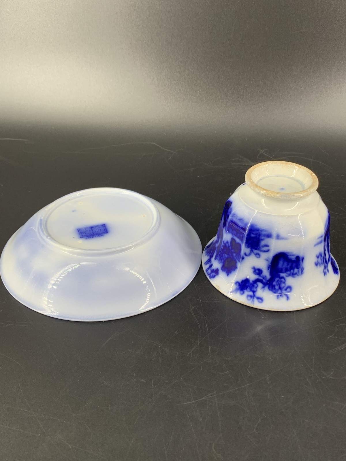 1840s Indian Flow Blue Cup & Saucer Porcelain Handleless F R Pratt