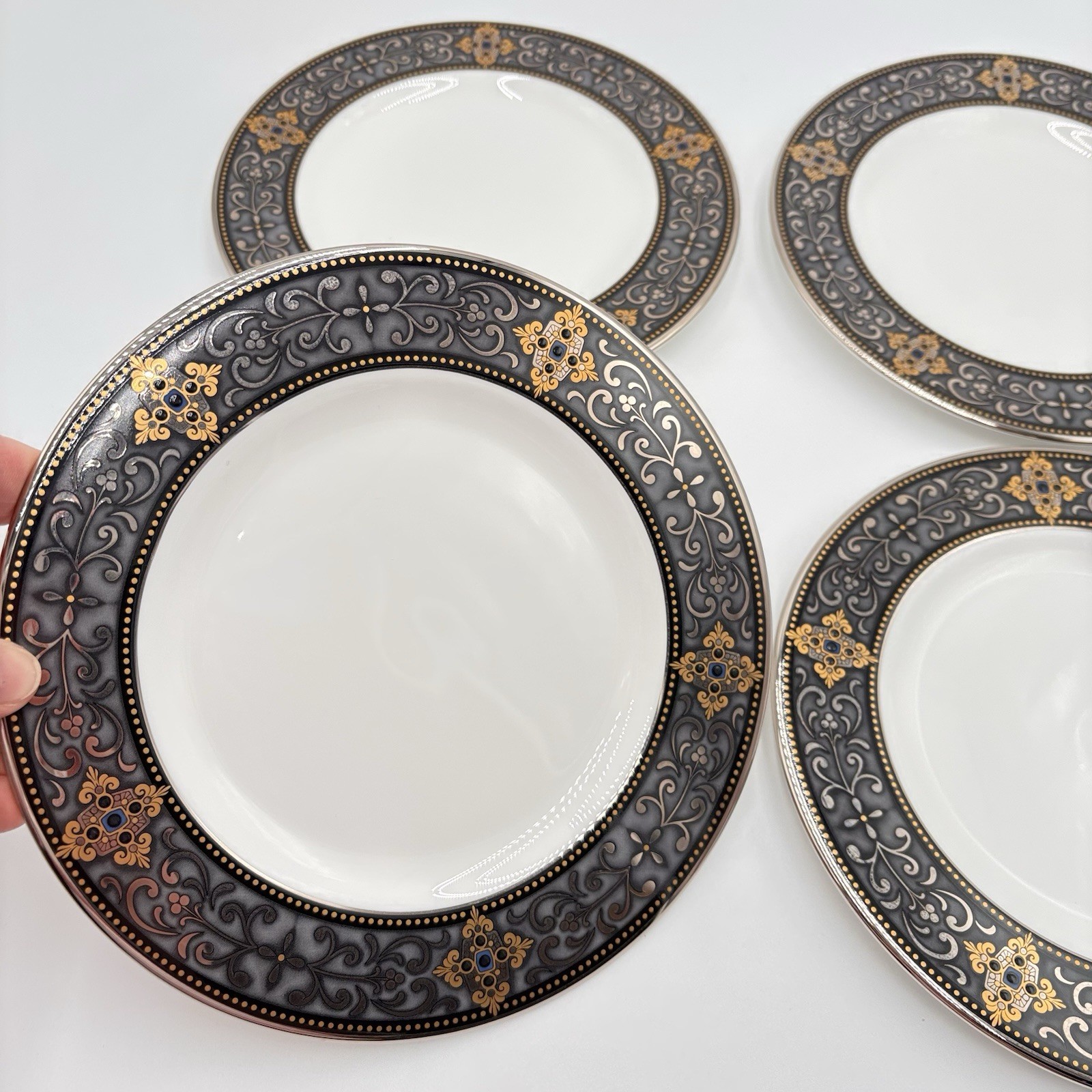 Lenox Vintage Jewel Gold Platinum Ornate Black Border Salad Plates 8 1/8” Set 4