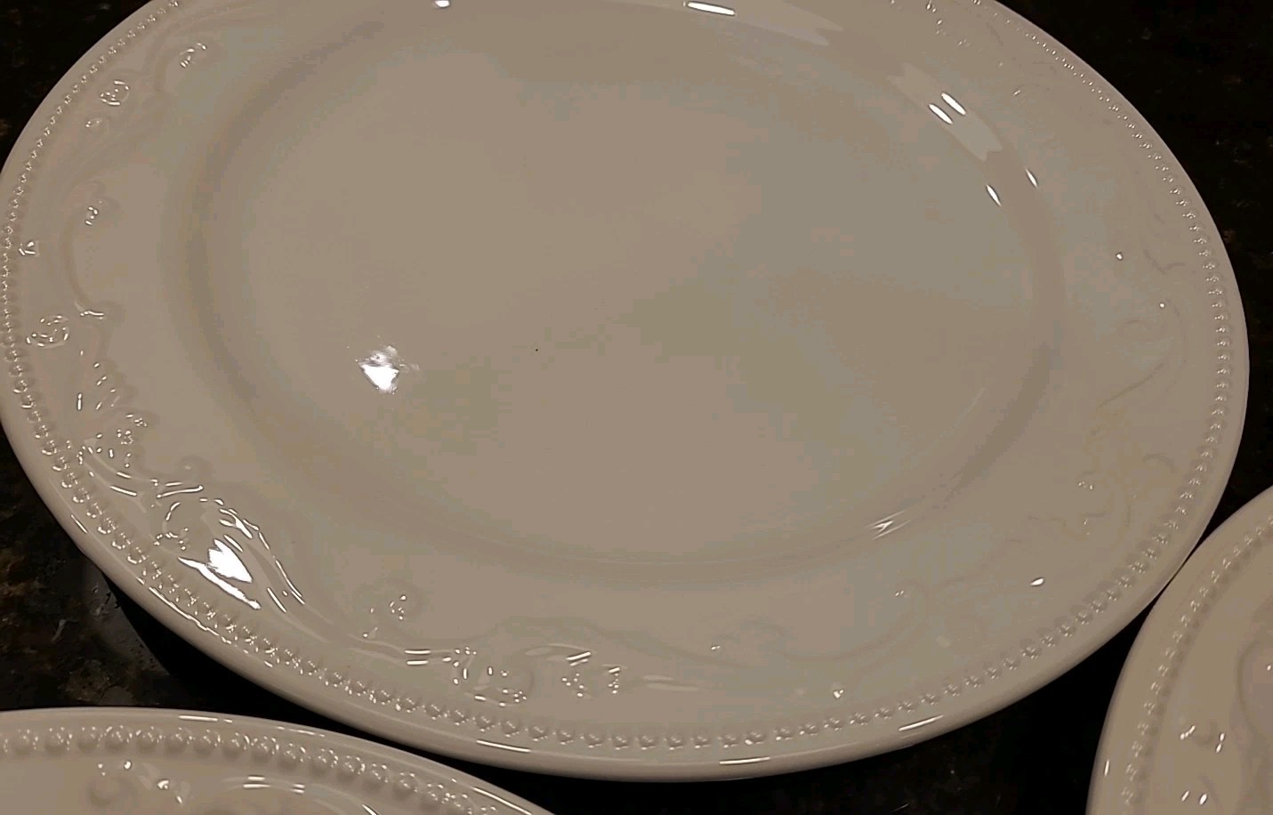 SET (3) Mesa International 11 7/8″ Dinner Plates. White Embossed Dots & Scrolls