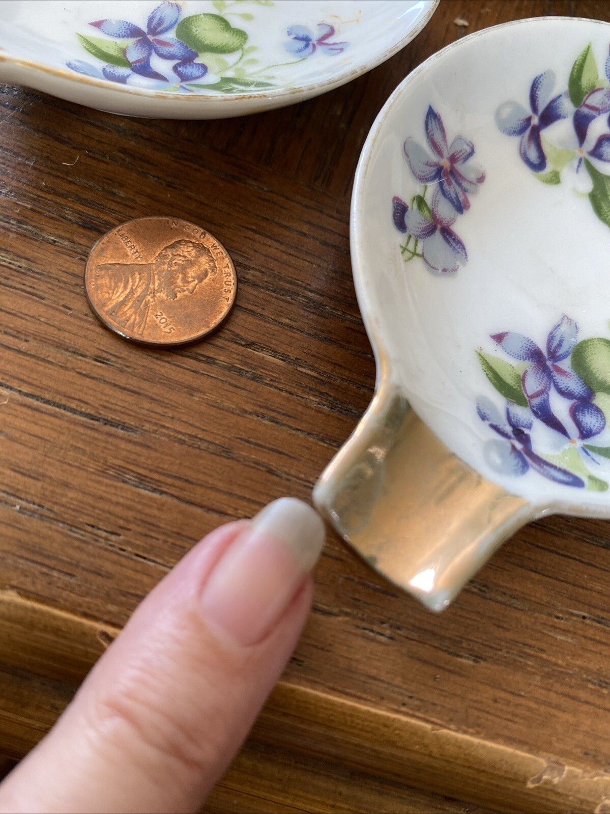 2 Pc Vtg Sweet Violet Dish Tea Bag Spoon Rest Gilded Handle Tea Party