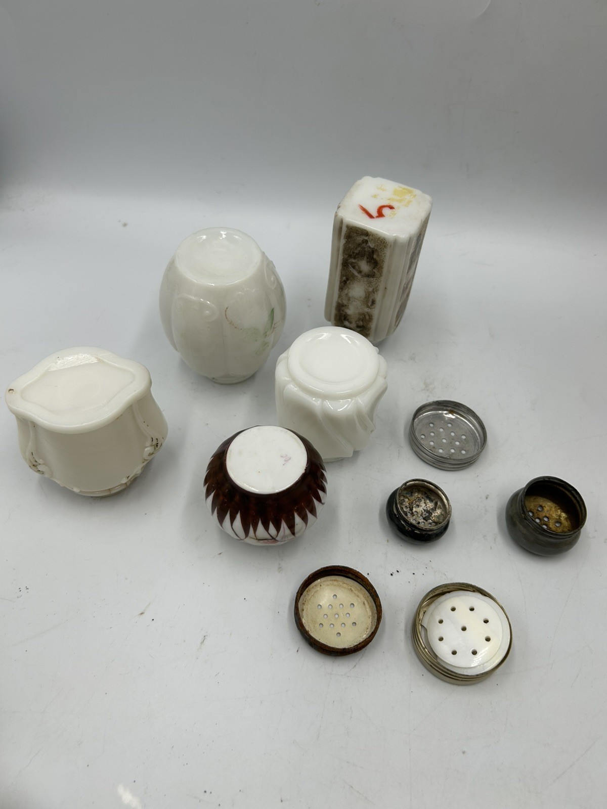 5 Antique Eapg Milk Glass Mixed Lot Salt Shakers