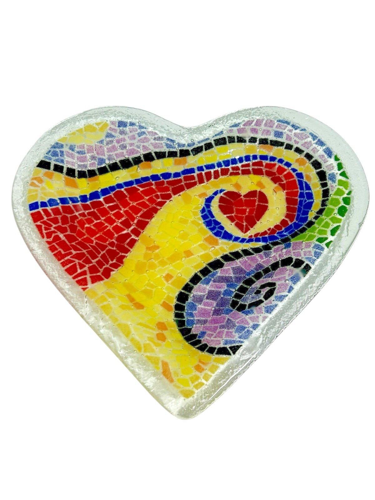 Peggy Karr 10″ It Starts at the Heart Tray Fused Art glass Signed 2004 Mosaic US