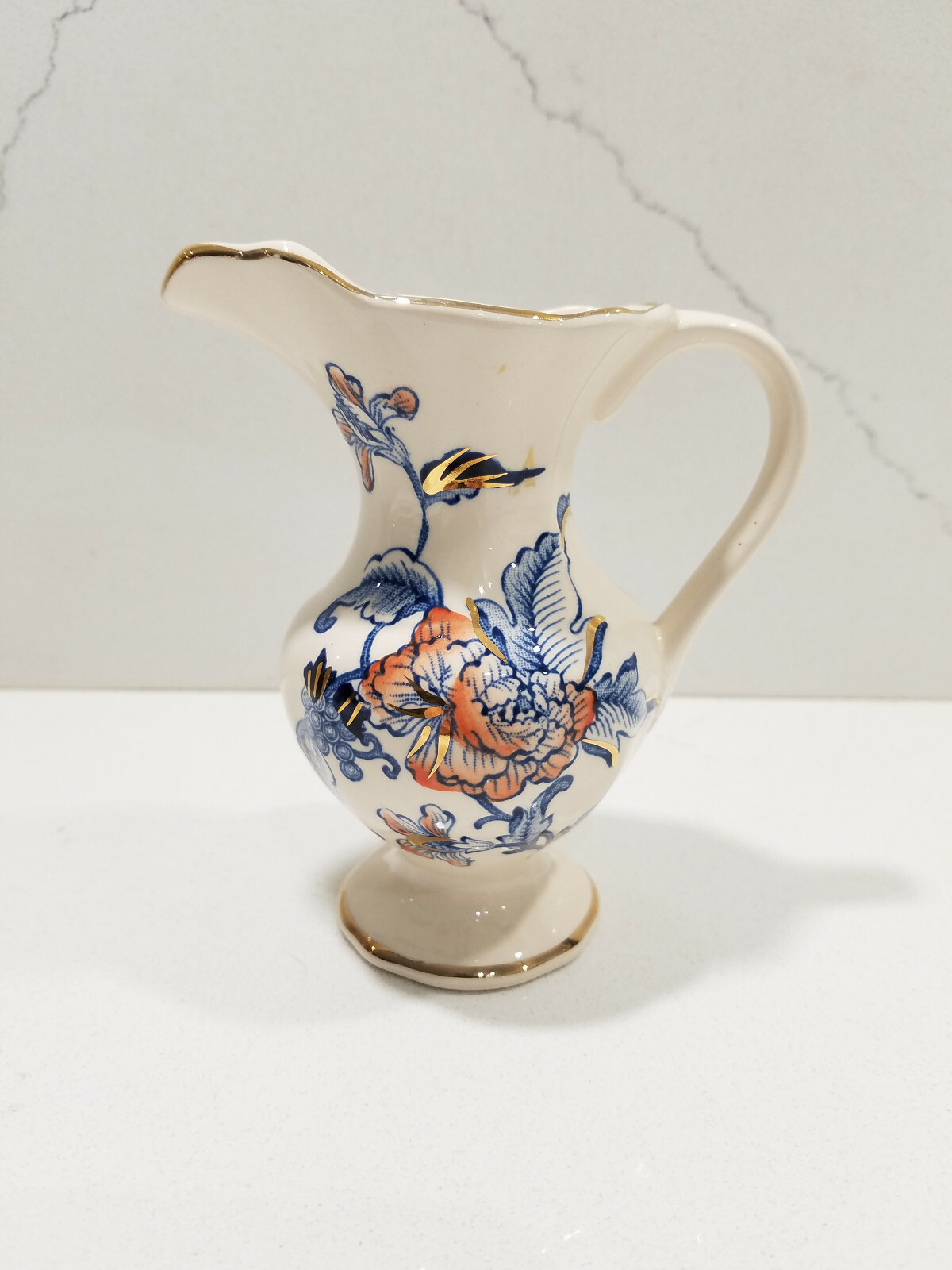 Mason’s England Cathay Pattern: Blue & Rust Flowers, Gold Trim Small Pitcher 5″
