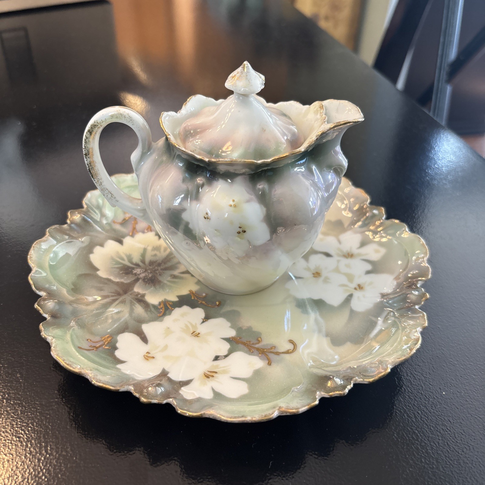 Antique RS Prussia Floral Plate & Creamer Set Green Gold Gilt Germany